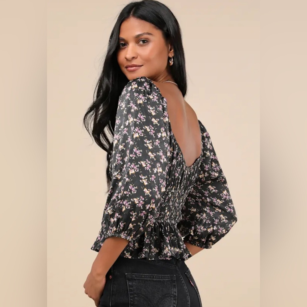 Lulus Notable Delight Charcoal Floral Balloon Sleeve Top Black - Size S - Picture 2 of 4